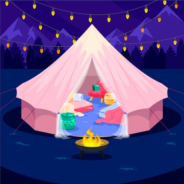 Ręcznie rysowane ilustracja glampingu płaskiego