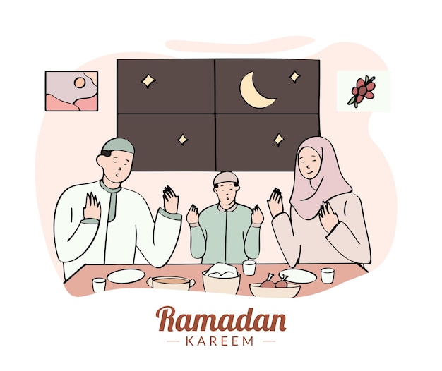 Plik wektorowy ręcznie rysowane ilustracja iftar z muzułmańską rodziną po posiłku