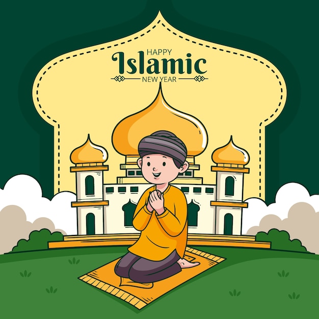 Plik wektorowy ręcznie rysowane ilustracja islamskiego nowego roku z osobą modlącą się