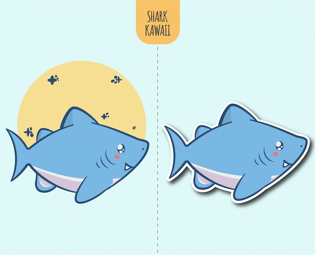 Plik wektorowy ręcznie rysowane ilustracja kawaii rekin z opcją projektowania naklejki