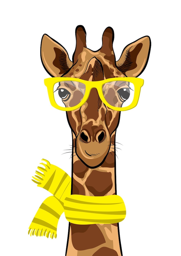 Wektor ręcznie rysowane ilustracja postaci ubranej hipster żyrafy z żółtym szkłem