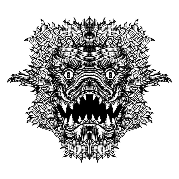 Ręcznie rysowane ilustracja przerażającej twarzy potwora