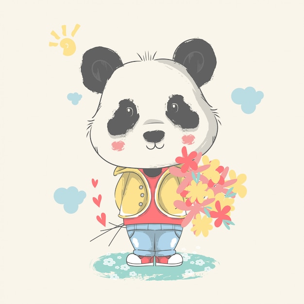 ręcznie rysowane ilustracja słodkie dziecko panda z kwiatami.