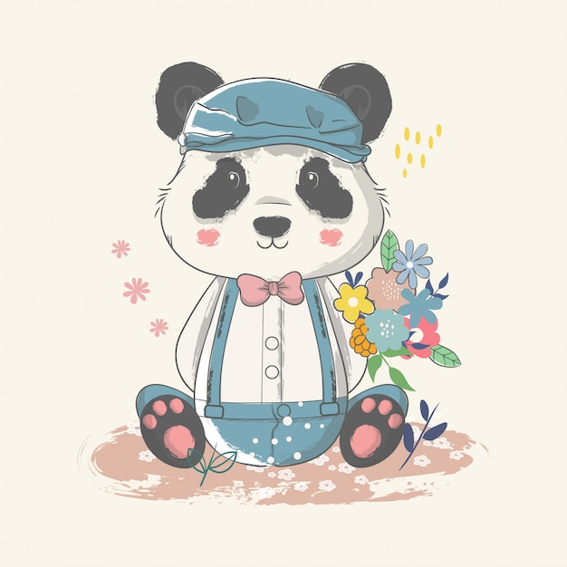 ręcznie rysowane ilustracja słodkie dziecko panda z kwiatami.