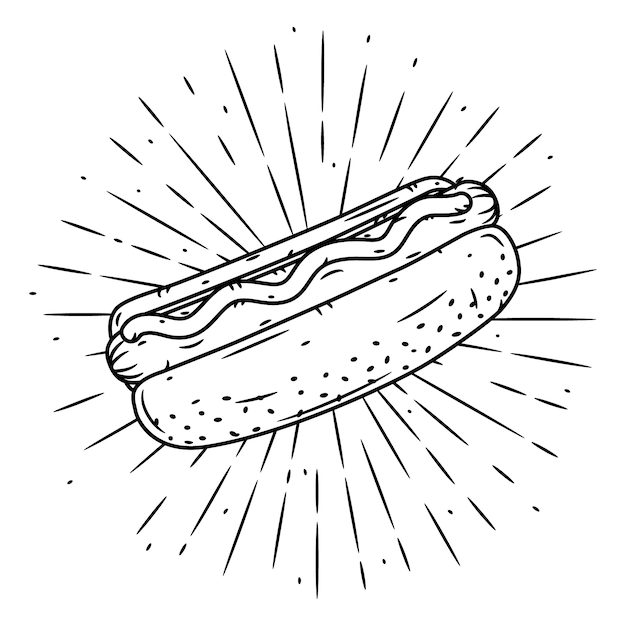 Plik wektorowy ręcznie rysowane ilustracja z hot dog i rozbieżne promienie.