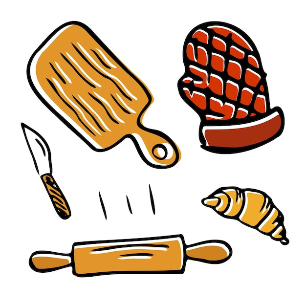 Ręcznie rysowane ilustracja z naczyniami kuchennymi Rzeczywisty wektor rysunek narzędzi do gotowania Kreatywny styl doodle praca sztuka atramentu Zestaw kuchenny