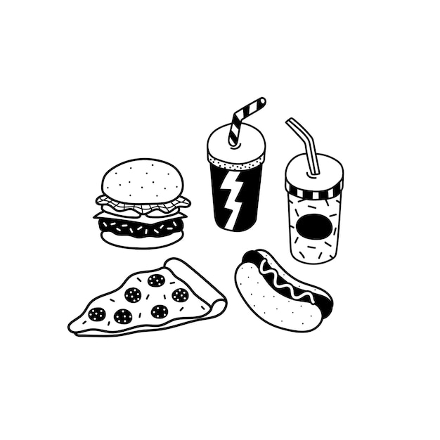 Ręcznie Rysowane Ilustracji Wektorowych Hamburger Pizza Hotdog Napój W Stylu Cartoon
