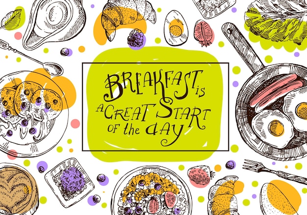 Ręcznie Rysowane Ilustracji Wektorowych śniadanie To świetny Początek Dnia Styl Szkicu Vintage