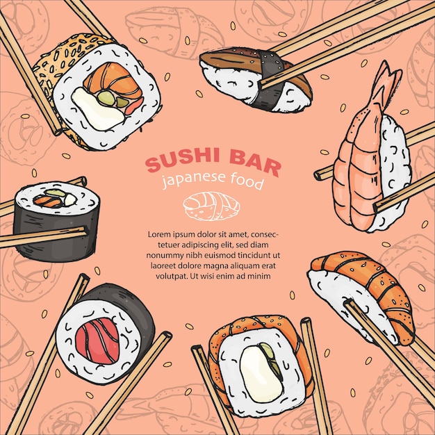 Ręcznie rysowane japońskie sushi i rolki na patykach oraz miejsce na tekst
