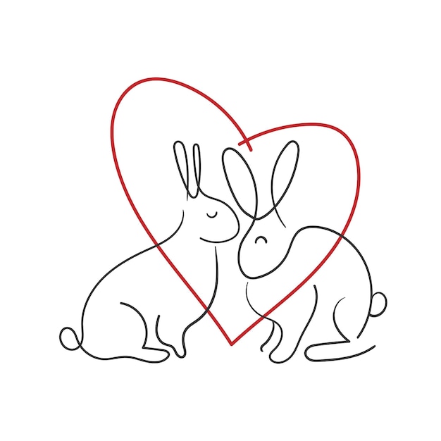 Plik wektorowy ręcznie rysowane jednej linii króliki z sercem jeden królik rysujący linię na białym tle