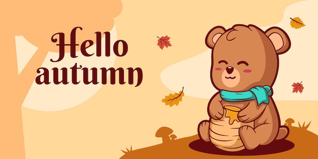 Plik wektorowy ręcznie rysowane jesienny szablon transparentu mediów społecznościowych z ilustracją niedźwiedzia i miodu