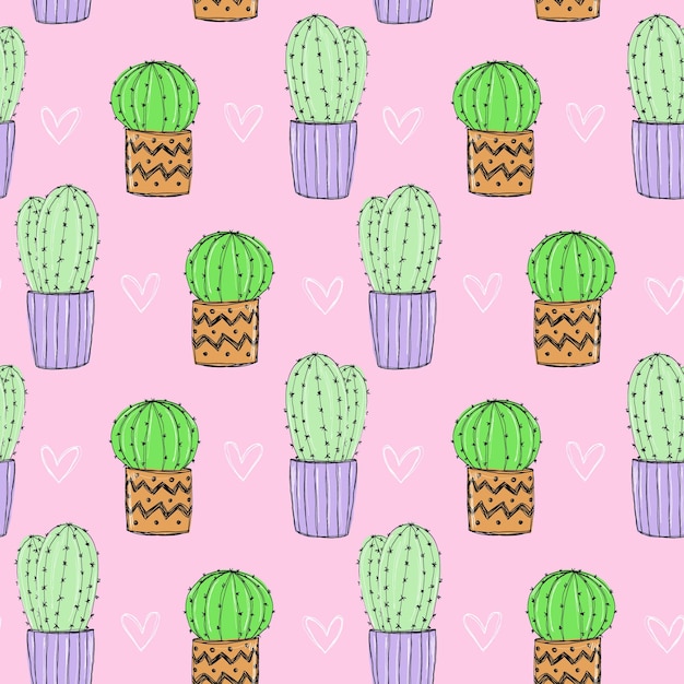 Ręcznie rysowane kaktus z doodle serca bez szwu różowy wzór Śliczne tekstury na Walentynki