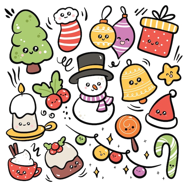 ręcznie rysowane kawaii świąteczne doodle
