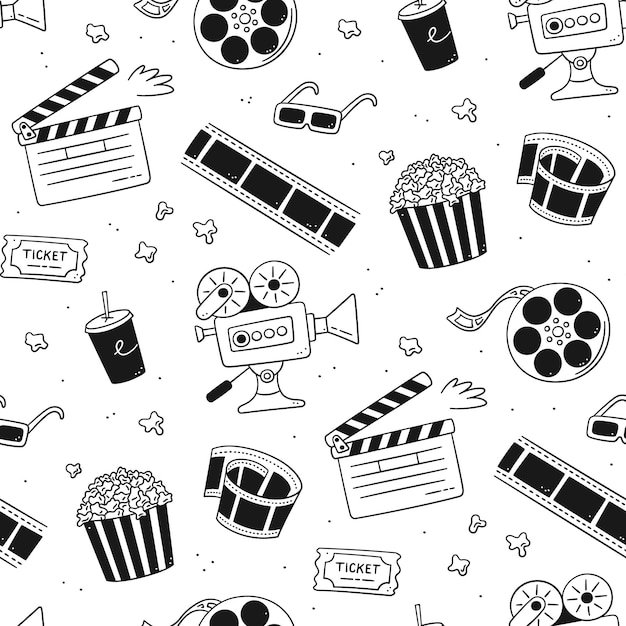 Ręcznie rysowane kino wzór z kamery filmowej, deska klapy, rolka kina i taśma, popcorn w paski, bilet filmowy i okulary 3d. Ilustracja wektorowa w stylu Bazgroły na białym tle.