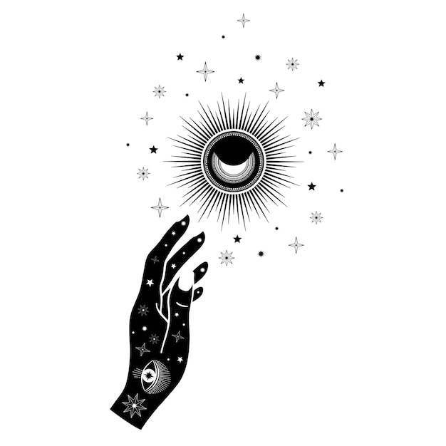 Ręcznie Rysowane Kobieta Ręka Słońce, Księżyc, Oko I Gwiazdy W Grafikę. Duchowy Symbol Przestrzeni Niebieskiej. Magiczny Talizman, Styl Antyczny, Boho, Tatuaż, Logo. Ilustracja Wektorowa Na Białym Tle