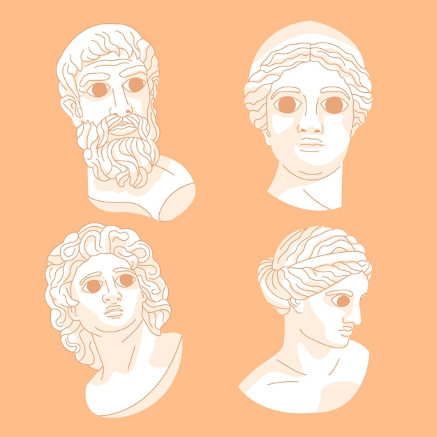 Plik wektorowy ręcznie rysowane kolekcja greckich posągów o płaskiej konstrukcji
