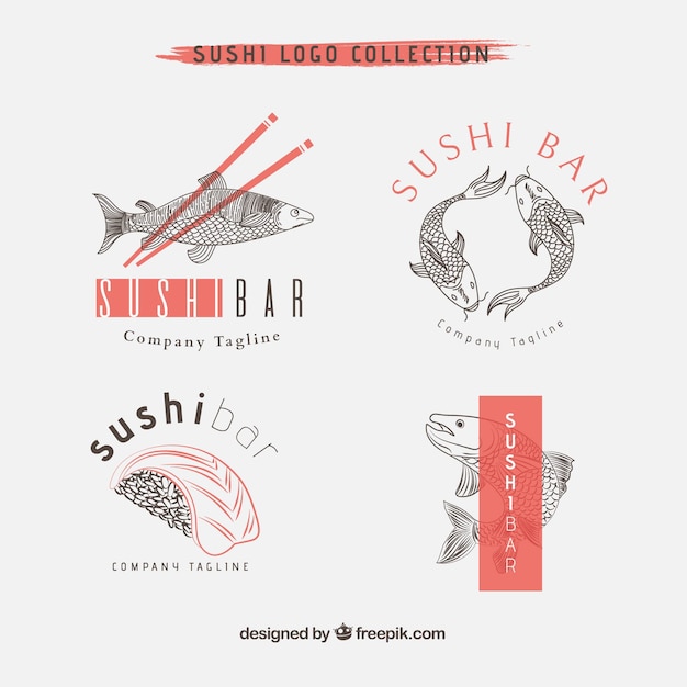 Ręcznie Rysowane Kolekcja Logo Restauracji Sushi