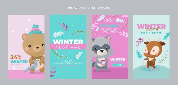 Plik wektorowy ręcznie rysowane kolekcja płaskich zimowych historii na instagramie