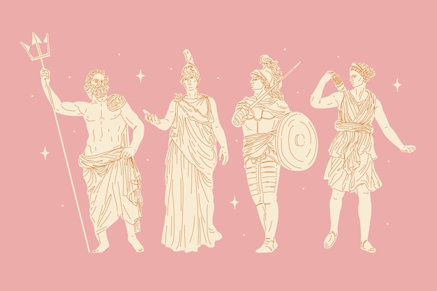 Plik wektorowy ręcznie rysowane kolekcja postaci z mitologii greckiej o płaskiej konstrukcji