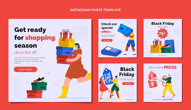 Ręcznie rysowane kolekcja postów na instagramie płaski czarny piątek