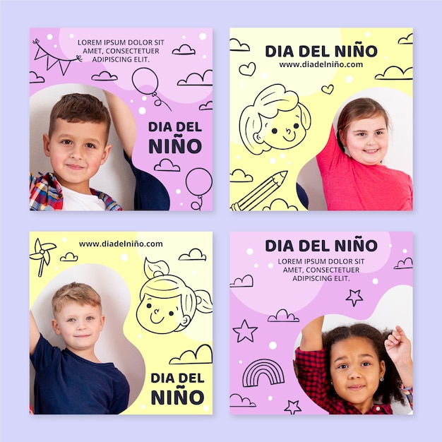 Plik wektorowy ręcznie rysowane kolekcja postów z okazji dnia dziecka w języku hiszpańskim