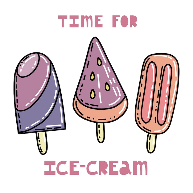 Ręcznie rysowane kolorowe lody czekoladowe doodle i tekst na plakat ilustracji wektorowych
