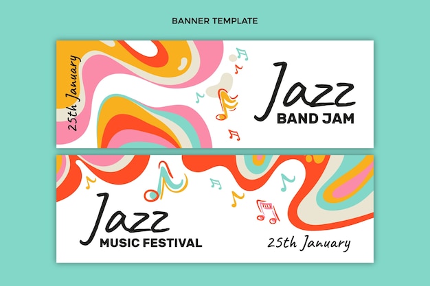Plik wektorowy ręcznie rysowane kolorowe poziome banery festiwalu muzycznego