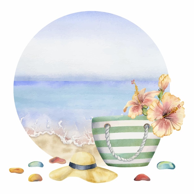 Plik wektorowy ręcznie rysowane kompozycja akwarela seascape z plażową torbą i kapeluszem morskim szklanym hibiskusem izolowanym na białym tle projekt ściany sztuka ślubna drukowanie tkaniny okładka karty turystyka podróż broszura