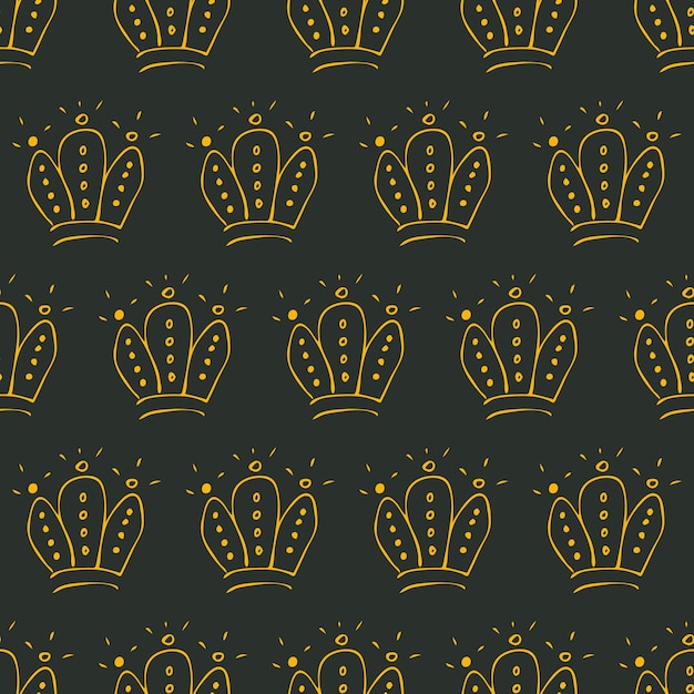 Plik wektorowy ręcznie rysowane korony. jednolity wzór prostego graffiti szkic królowej lub korony króla. królewskie symbole koronacji cesarskiej i monarchy. żółty pędzel doodle na białym tle na ciemnym tle. ilustracja wektorowa.