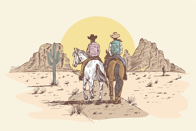 Ręcznie rysowane kowboje na koniach