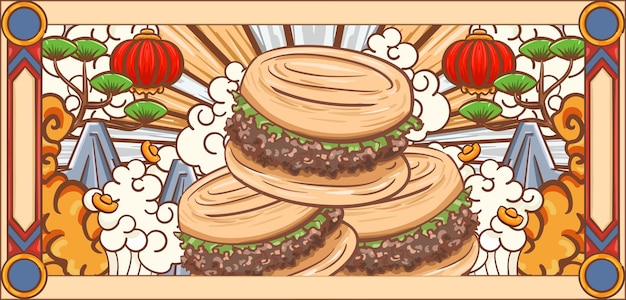 Ręcznie rysowane kreskówka smakosz chiński hamburger ciasto ilustracja projekt