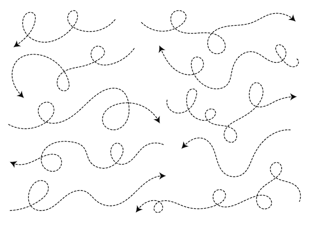 Ręcznie Rysowane Kropkowany Kształt Strzałki Zakrzywiona Linia Strzałki Kolekcja Ikona Strzałki Ilustracja Wektorowa Na Białym Tle