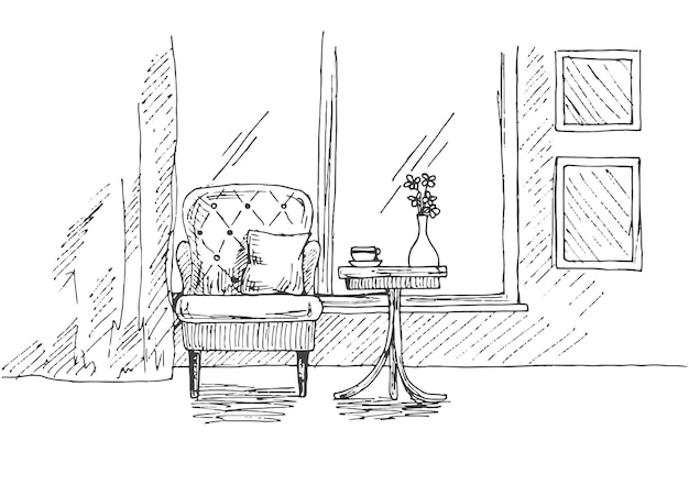 Plik wektorowy ręcznie rysowane krzesło biurko okno na stole jest wazon z kwiatem ilustracja wektorowa w stylu szkicu