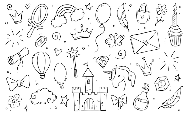 Plik wektorowy ręcznie rysowane księżniczka doodle zestaw piękna ładna dziewczyna akcesoria księżniczki bajkowy zamek jednorożca doodle tła