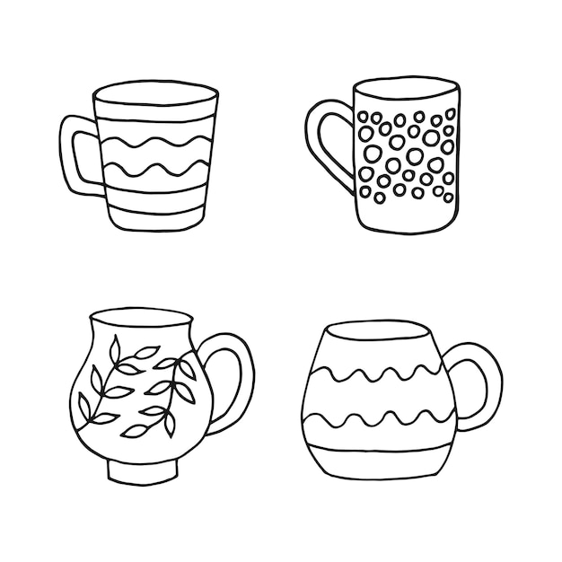 Ręcznie rysowane kubek kubek Zestaw filiżanek w stylu doodle Ilustracja wektorowa na białym tle