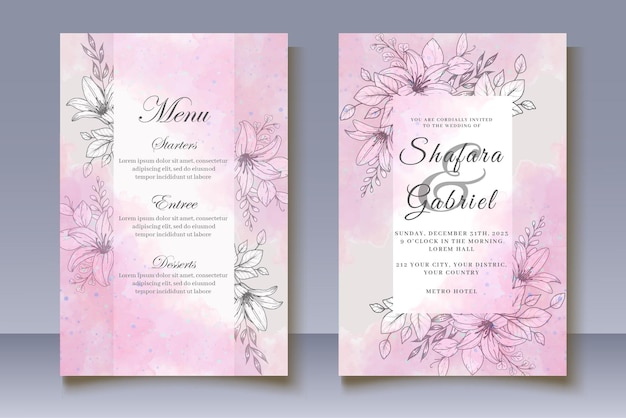 Plik wektorowy ręcznie rysowane kwiatowy zestaw kart zaproszenie na ślub