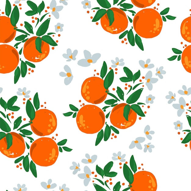 Ręcznie Rysowane Kwitnące Pomarańczowe Owoce Z Liśćmi I Kwiatami Ilustracja Wektorowa Bez Szwu Deseń.