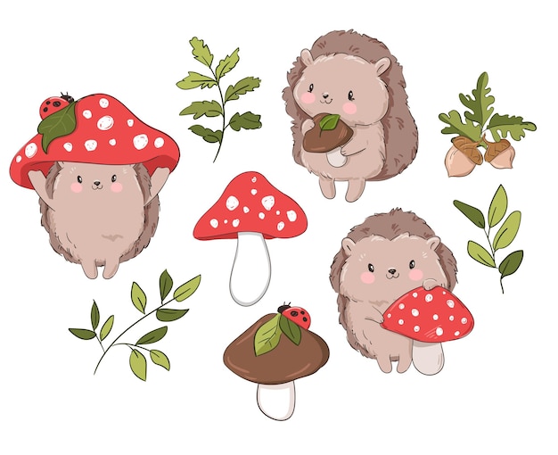 Ręcznie rysowane ładny jeż Cartoon character Woodland zestaw ilustracji wektorowych dziecinny projekt wydruku i plakatu