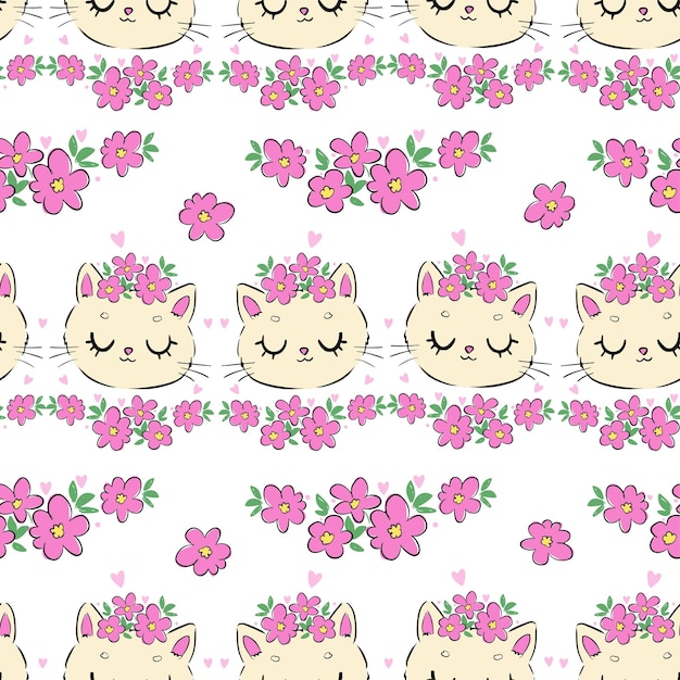 Plik wektorowy ręcznie rysowane ładny kot i kwiaty wzór bezszwowe wektor ilustracja dzieci drukuj