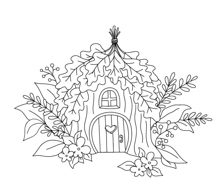 Wektor ręcznie rysowane ładny wektor mały dom w lesie mały dom wiejski karzeł na białym tle dziecinna ilustracja zarys dla kolorowanka