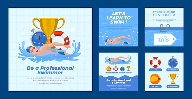 Plik wektorowy ręcznie rysowane lekcje pływania posty na instagramie
