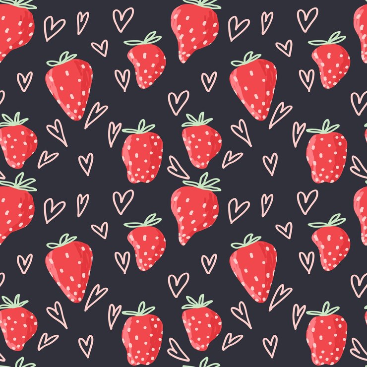 Ręcznie rysowane letni bezszwowy czarny wzór z truskawkowymi abstrakcyjnymi sercami uwielbiam to doodle