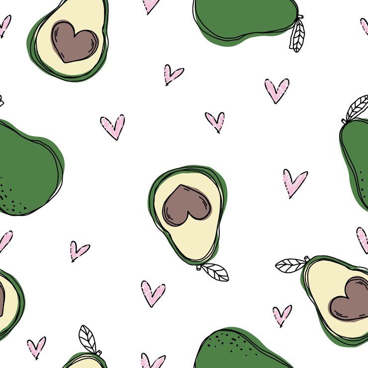 Wektor ręcznie rysowane letni wzór z awokado abstrakcyjne serca miłości doodle ładny wektor