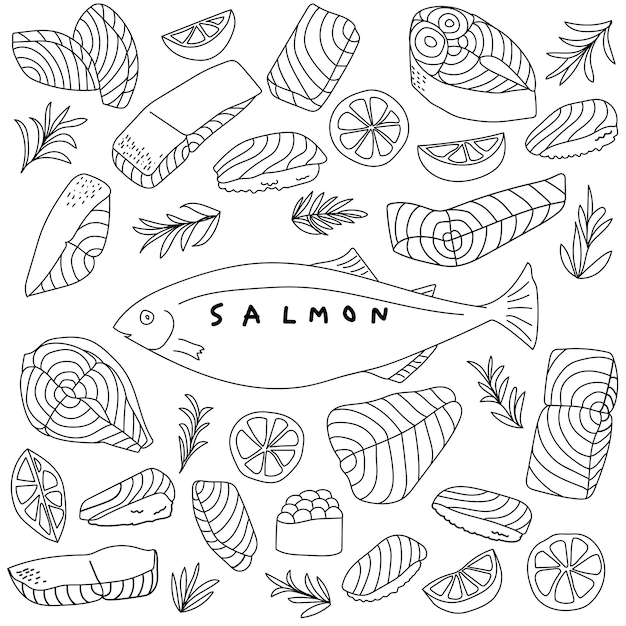 Ręcznie rysowane łosoś z owocami sashimi i cytryny w stylu doodle na białym tle