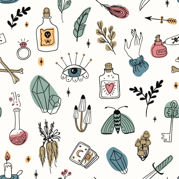 Ręcznie rysowane magiczny wzór, czary doodle kolorowe symbole. Kolekcja narzędzi do tajemnic i alchemii: oko, kryształ, korzenie, mikstura, pióro, grzyby, świeca, klucz, kości