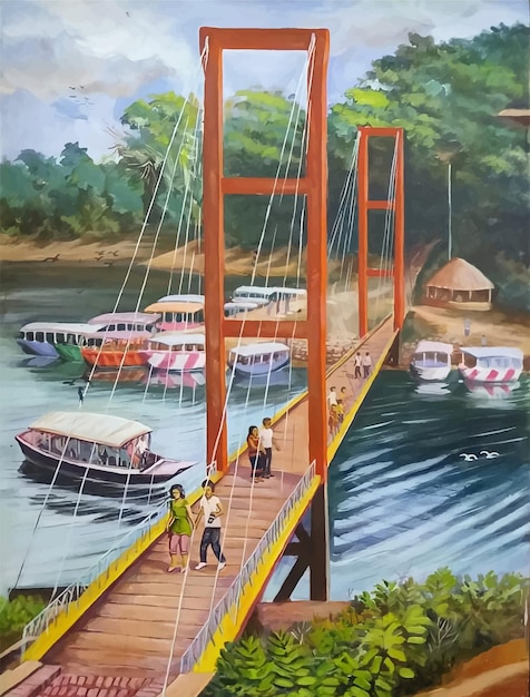 Plik wektorowy ręcznie rysowane malowanie ilustracji mostu pagórkowatego obszaru