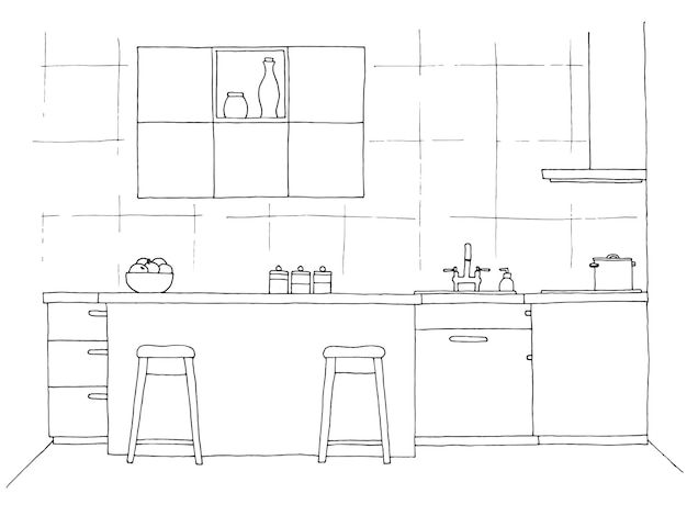 Ręcznie Rysowane Meble Kuchenne Ilustracja Wektorowa W Stylu Szkicu