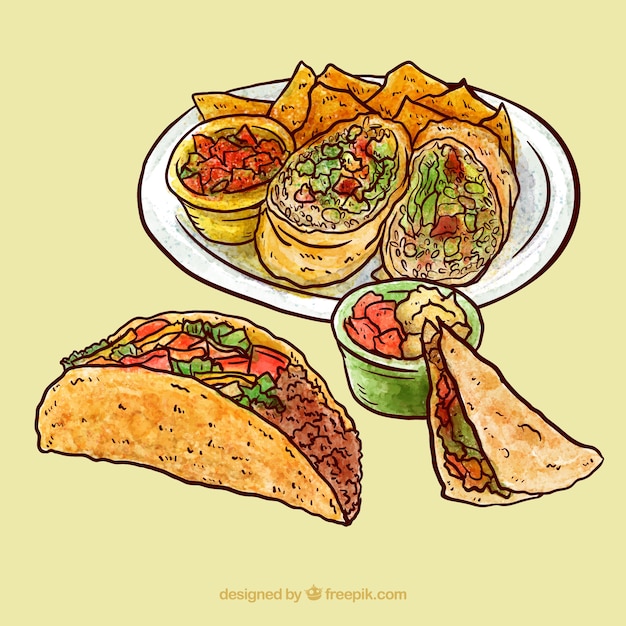 Plik wektorowy ręcznie rysowane meksykańskie dania z tacos