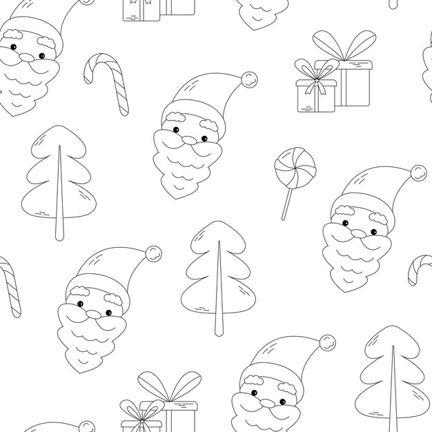 Ręcznie rysowane monochromatyczne bezszwowe wzór ferie zimowe doodle szkic rysunek santa tree i prezenty