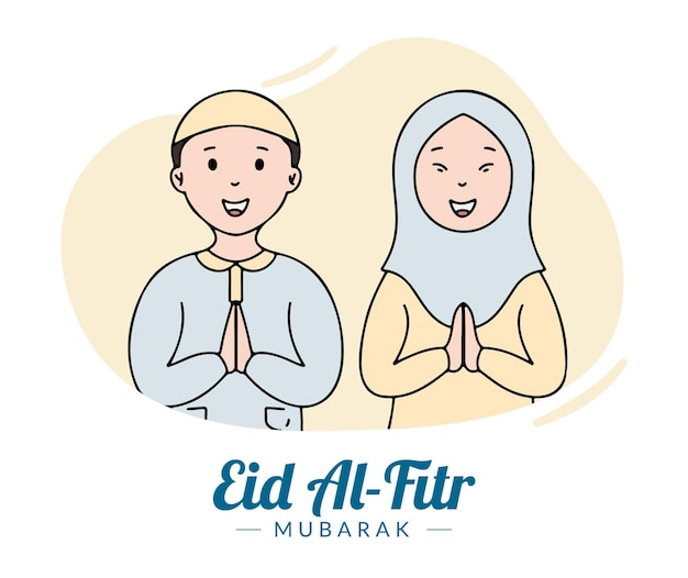 Plik wektorowy ręcznie rysowane muzułmańska rodzina świętuje ilustrację eid al fitr mubarak